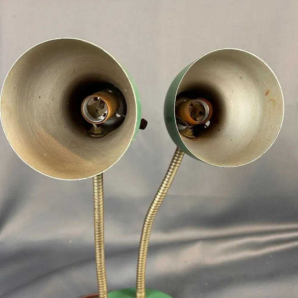 MCM Double Gooseneck Leviton Green Metal Desk Working Table Light Lamp